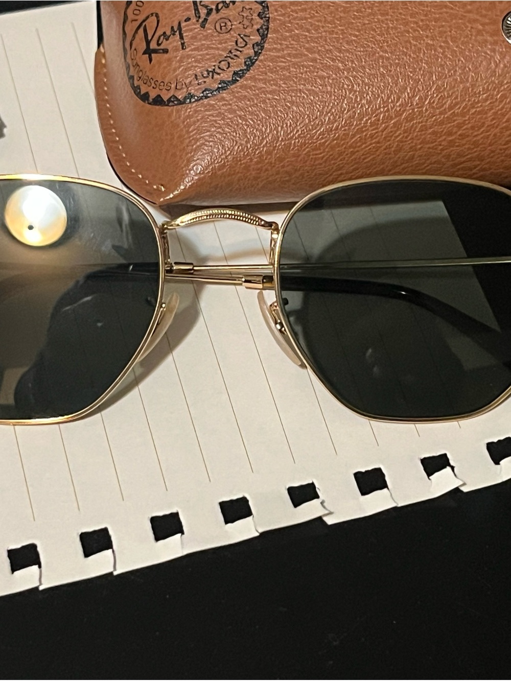 Ray-Ban Gold Frame Sunglasses with Dark Polarized Lenses and Brown Case